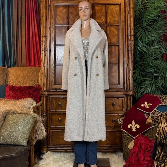 G by Giuliana Black Label Pale Gray Faux Shearling Teddy Double Breast Long Coat - Picture 4 of 15